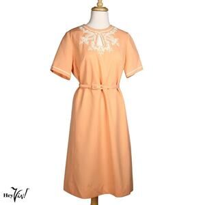 Vintage 60s Keyhole Dress Peach Knit White Cord Trim Sz L B38 W38 L22 - Hey Viv